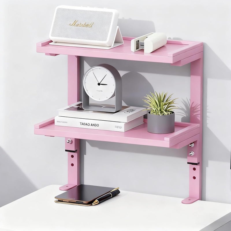 OUTIOE 2-Tier Desk Shelf, Expandable Under Desk Storage, Clamp on Desk Shelf, Desktop Accessories for Offices, Study Rooms, and Game Rooms (Pink) - Image 1